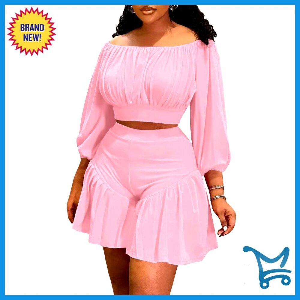 Off Shoulder Lantern Sleeve Top Ruffle Trim Shorts Matching Set Plus Size